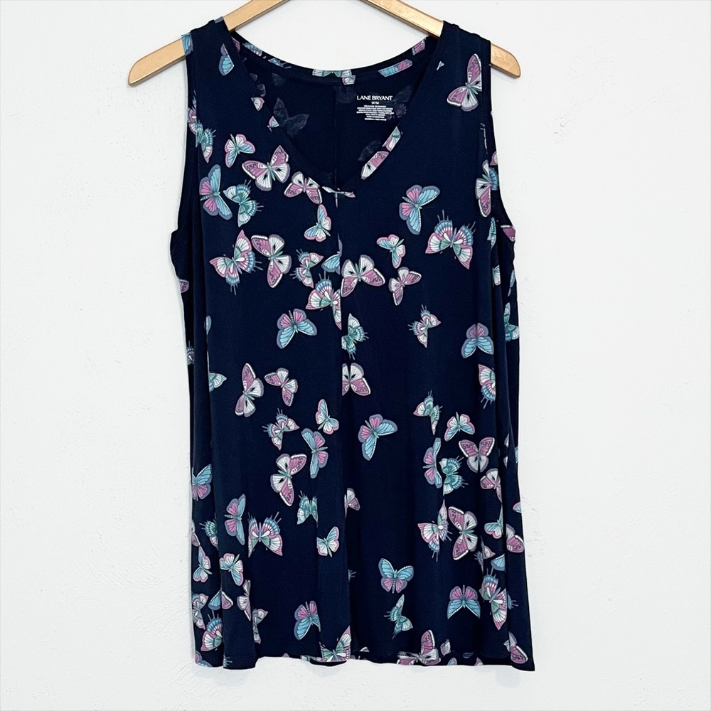 Lane Bryant V-Neck Swing Tank, Navy w/ Butterflies